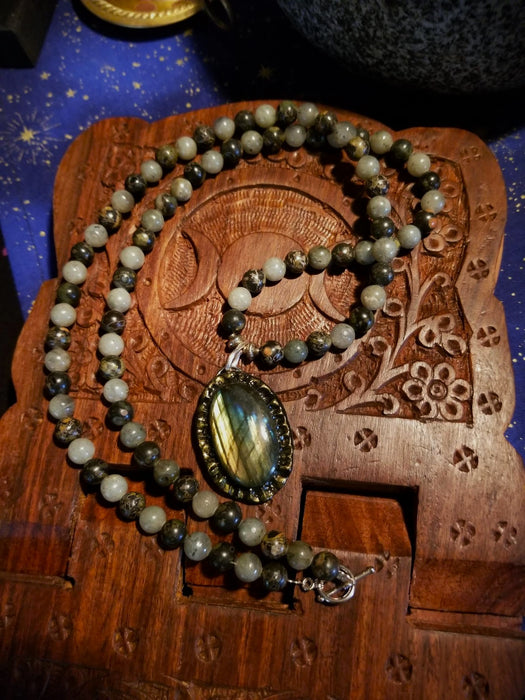 Labradorite Talisman necklace with plum blossom jade