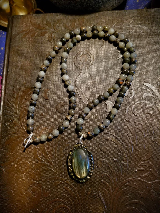 Labradorite Talisman necklace with plum blossom jade