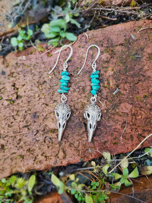 Bird Skull earrings in silver tone with turquoise beads